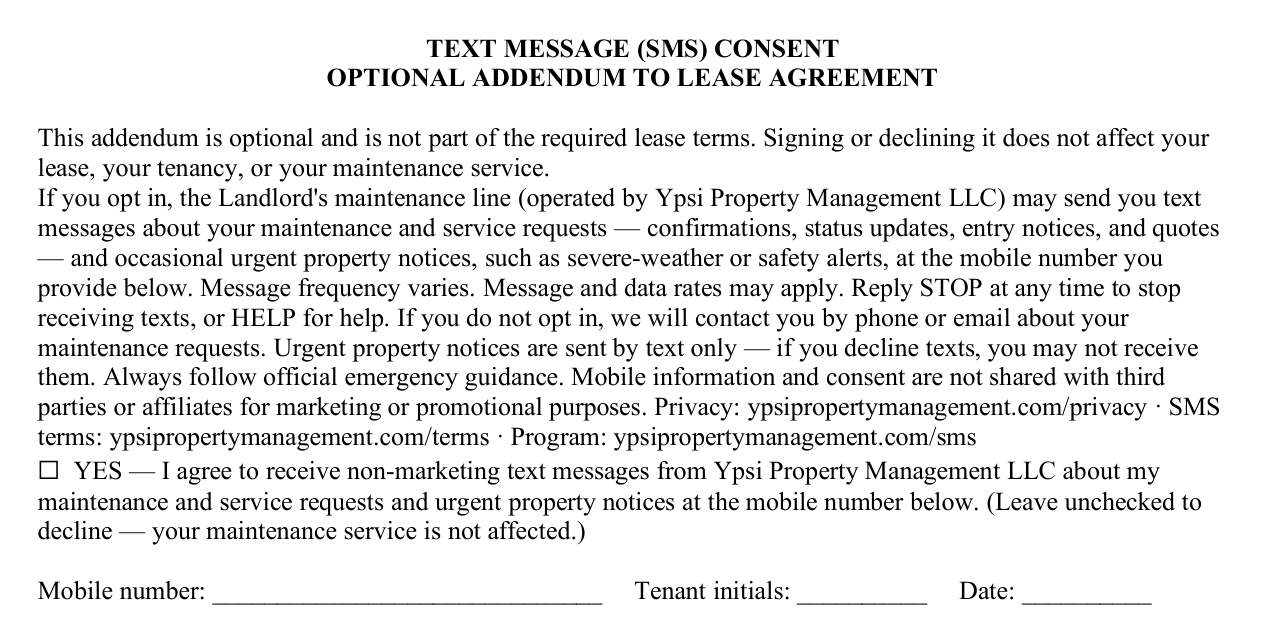 Optional SMS consent addendum to the lease agreement: an unchecked YES checkbox, tenant initials and date lines, message-frequency and data-rate disclosures, and STOP/HELP instructions